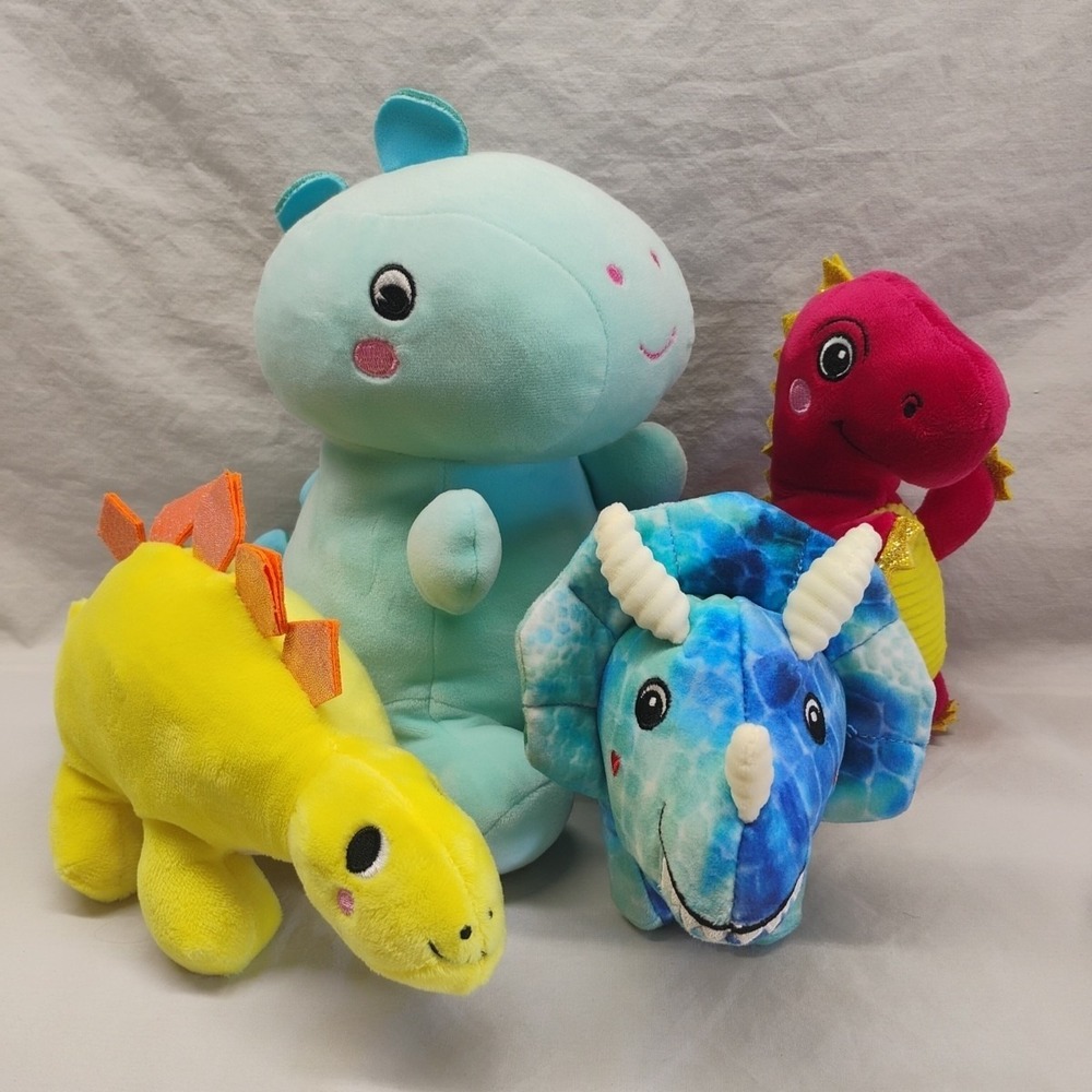 Dinosaur Plush Animal Triceratops T-Rex Stegosaurus 4pc Lot Soft Hug Fun‎